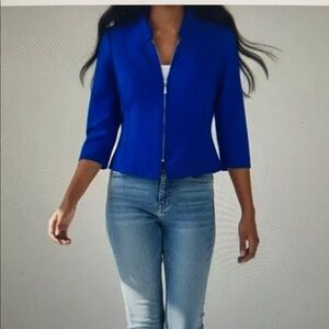 WHBM 3/4 Zipper Sleeve Royal Blue Blazer with Ruffle Collar. Size 4